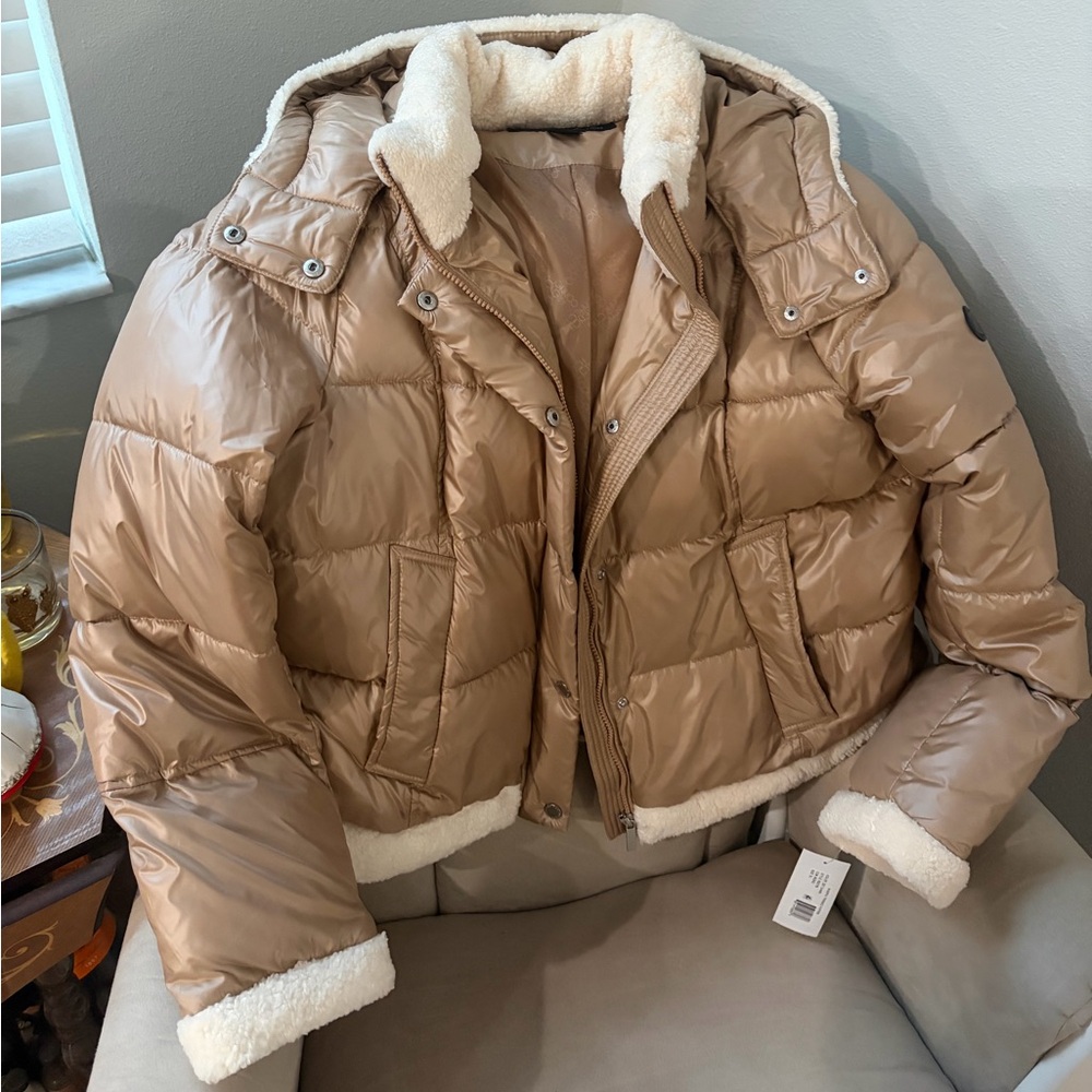 NWT French Connection Camel/Brown Sherpa Trim Puffer Coat in Women's Size XL - Picture 2 of 11